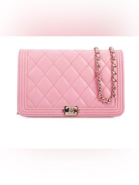 CHANEL Pink Quilted Lambskin le boy wallet on chain, with dust bag and box